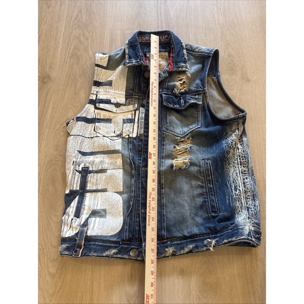 Smugglers Moon Denim Vest Men's L Distressed Painted Y2K Biker Grunge Jean - Picture 13 of 13